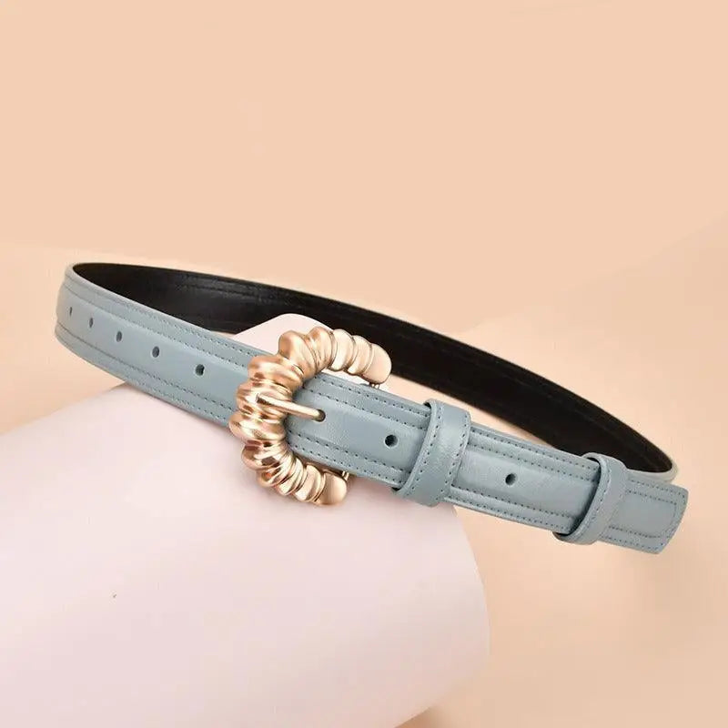 Light blue Jila leather belt with gold circular buckle for elegant style