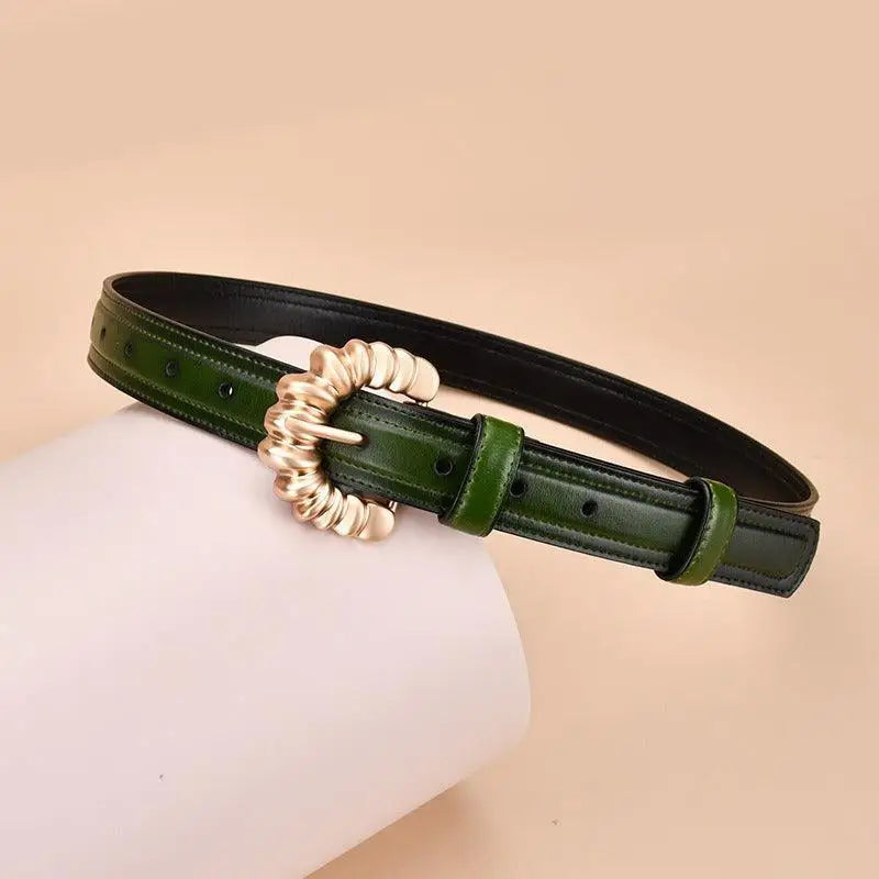 Green Jila Leather Belt with Gold Buckle for Elegant Style