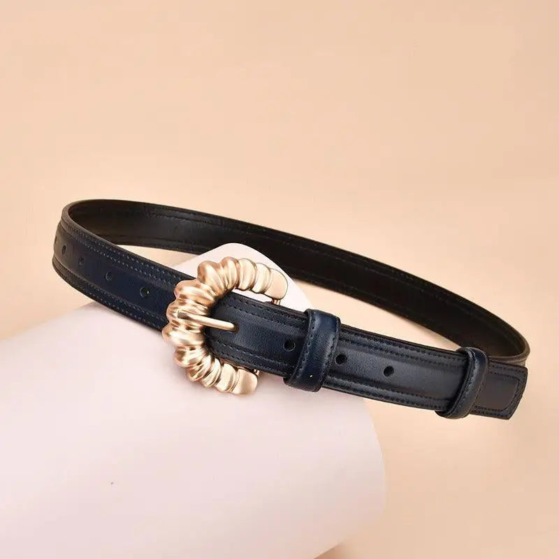 Dark blue Jila leather belt with gold buckle for elegant style