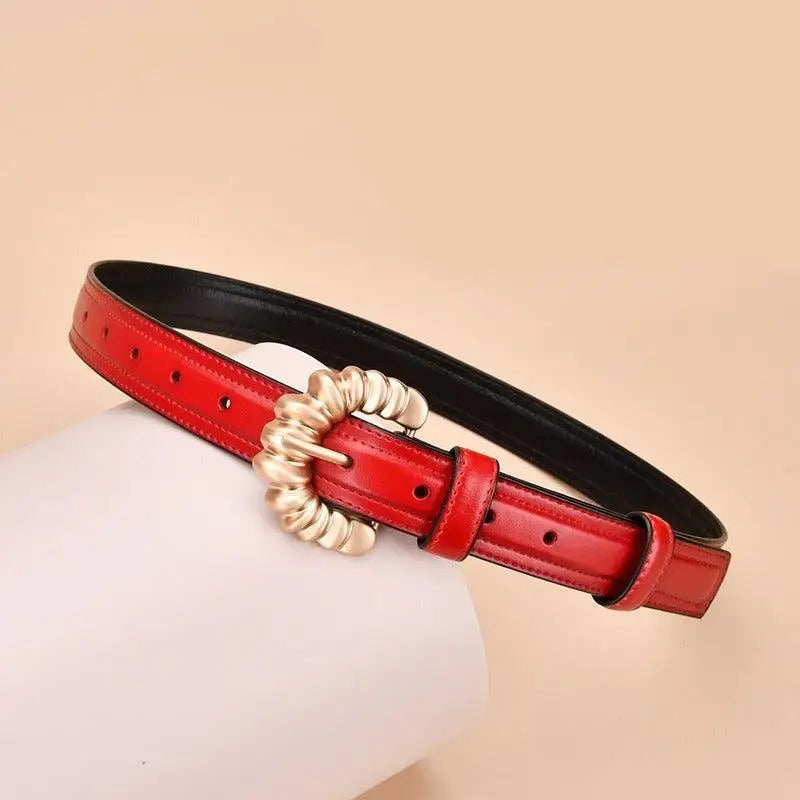 Red leather belt with gold buckle from Jila Leather Belt collection for elegant style
