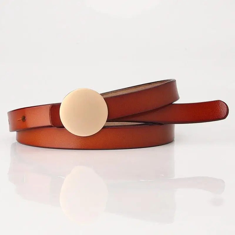 Kira Leather Belt with Round Buckle in Multiple Colors showing brown leather and light-colored buckle