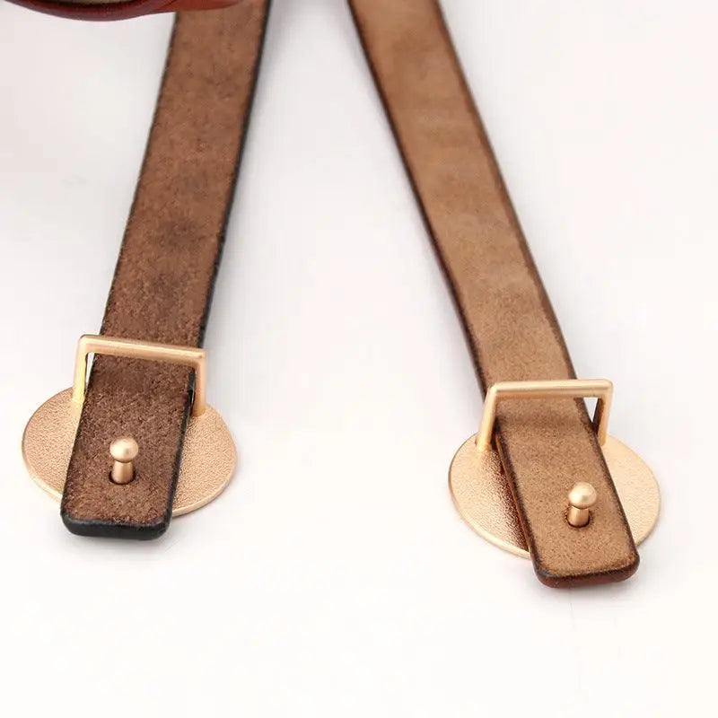 Kira Leather Belt with round gold hardware and brown leather straps in various colors