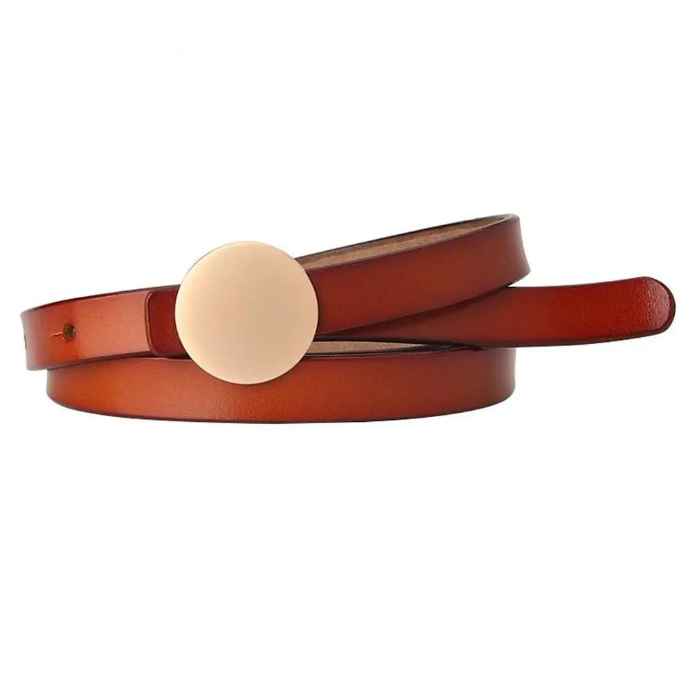 Kira Leather Belt with Round Buckle in Multiple Colors showcasing a brown leather belt