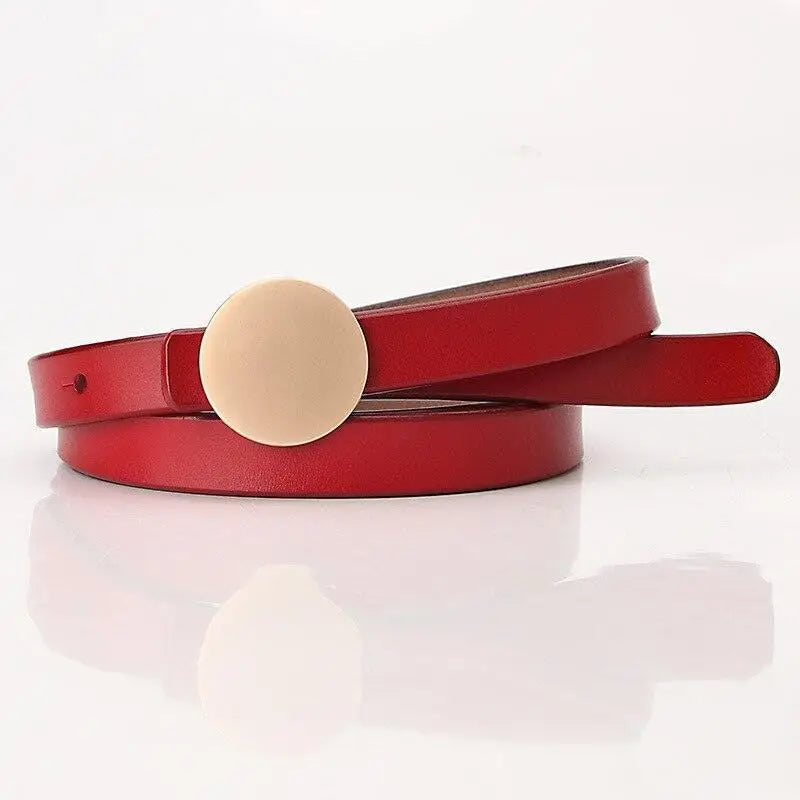 Red Kira Leather Belt with Round Beige Buckle displayed in multiple color options