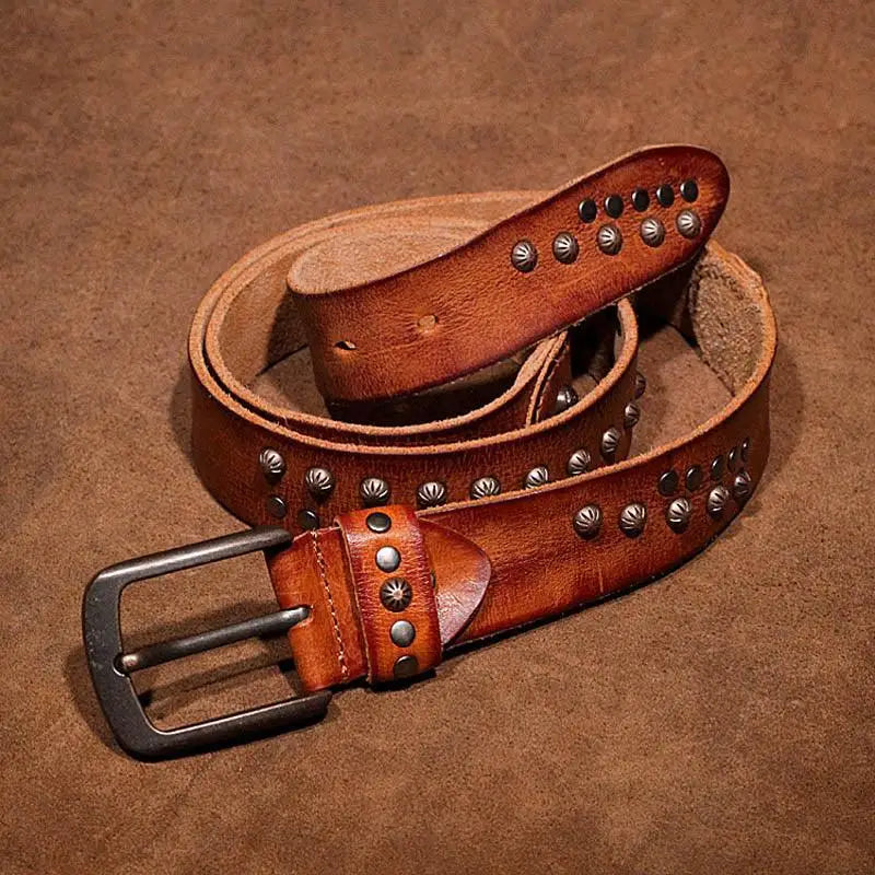 Lulia Model full-grain leather belt featuring brown leather and skull embellishments