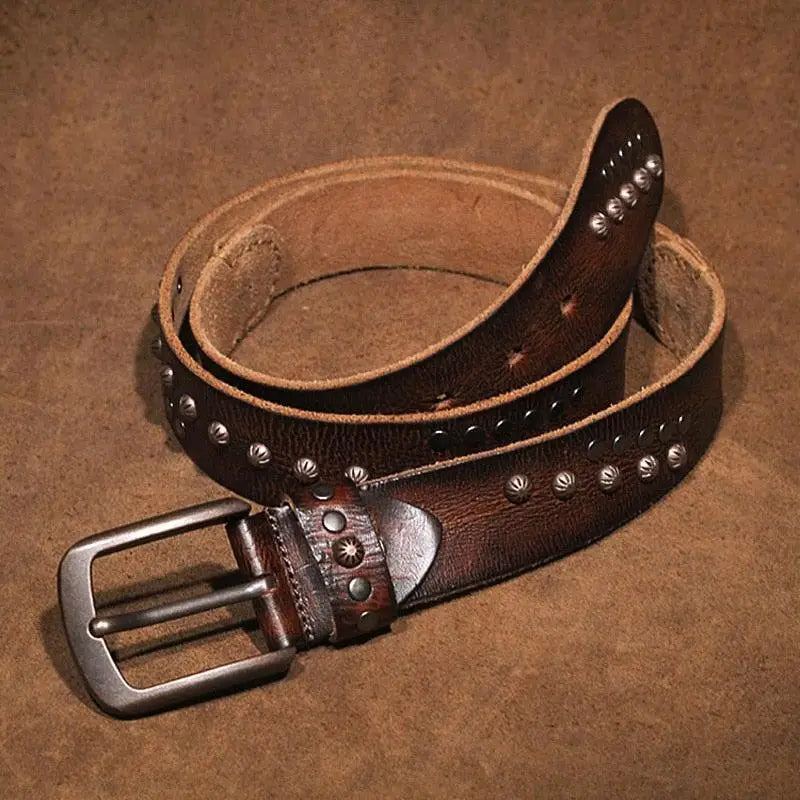 Lulia Model full-grain leather belt with brown leather and studded skull embellishments
