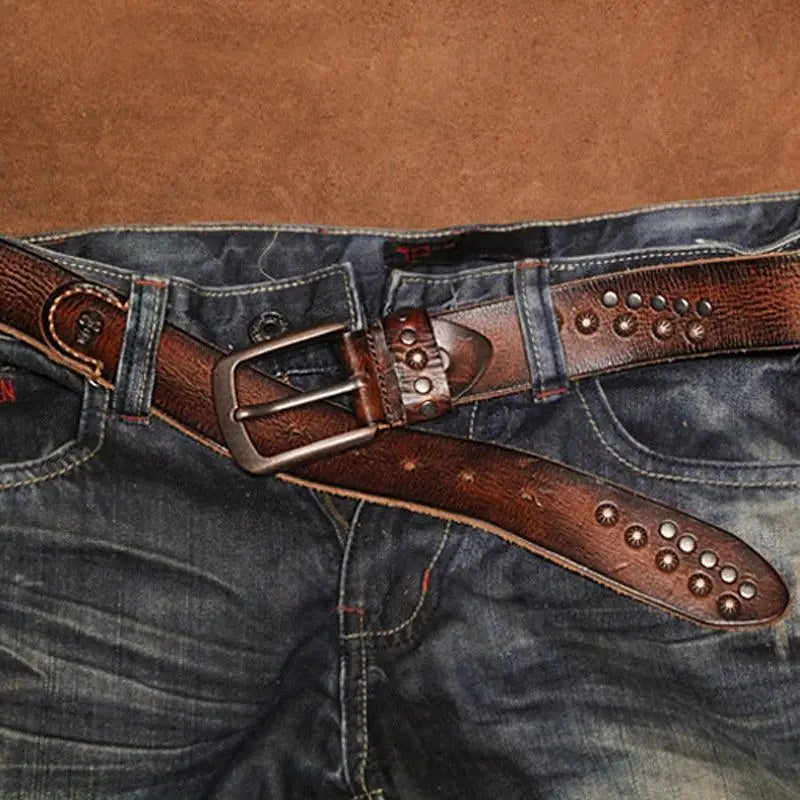 Distressed brown leather belt with metal studs from Lulia Model Full-Grain Leather collection