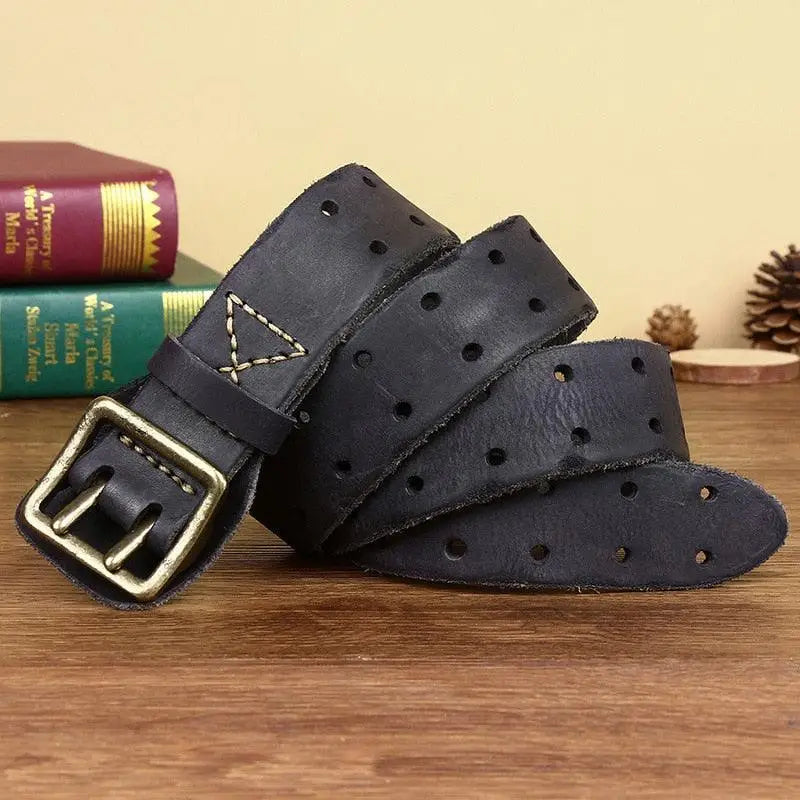 Black Marcnei leather belt with holes and double-prong buckle for men and women