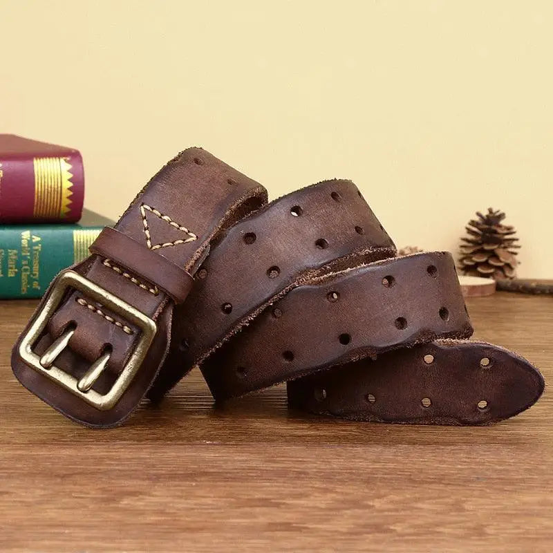 Brown Marcnei leather belt with double-prong buckle and adjustable holes for men and women