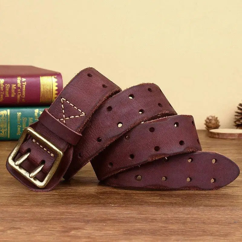 Maron leather belt with holes and double-prong buckle from Marcnei Leather Belt collection