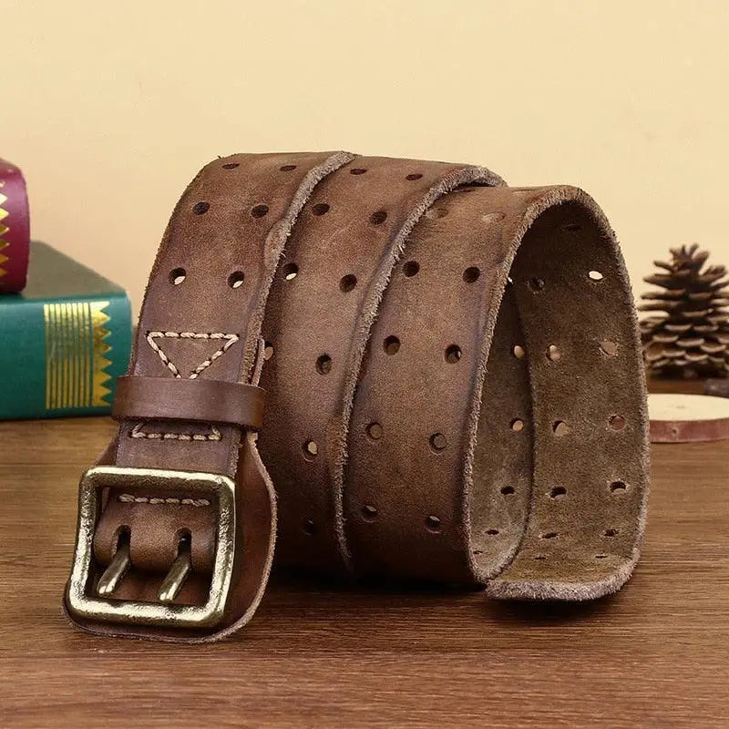 Brown Marcnei leather belt with double-prong buckle for men and women