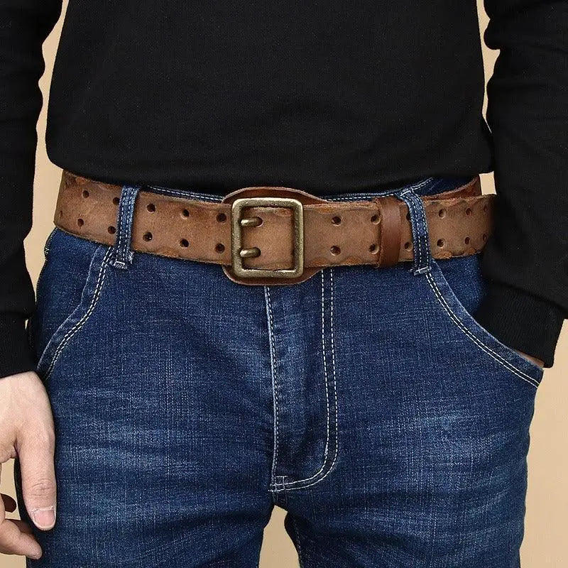 Brown Marcnei leather belt with double-prong buckle for men and women