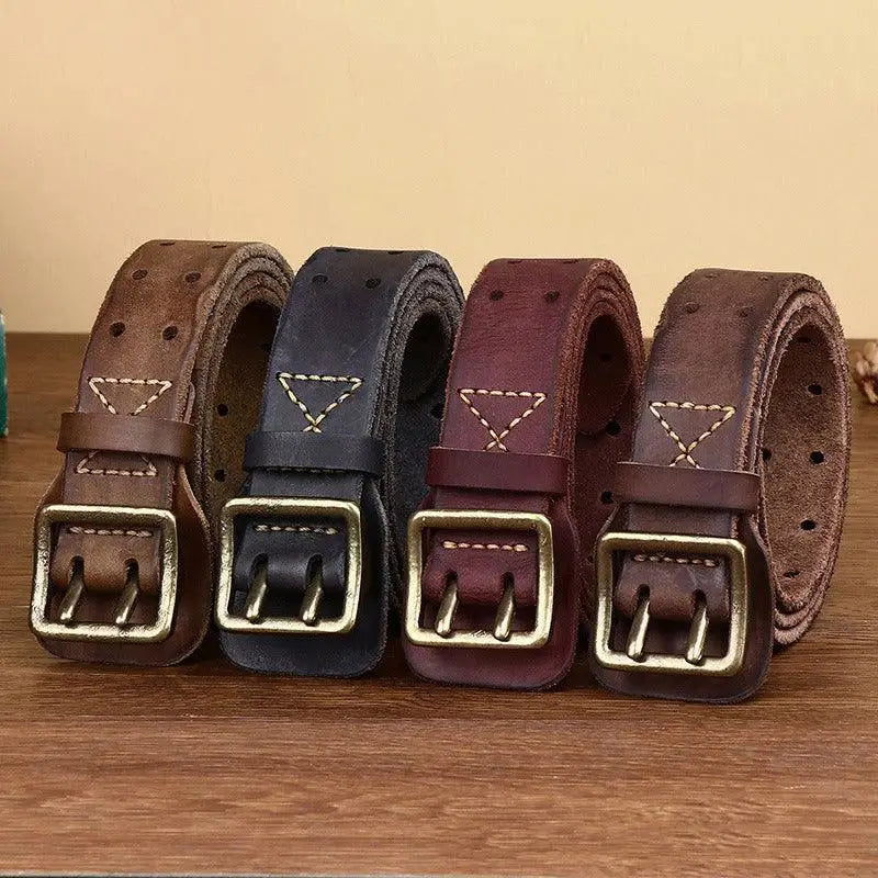 Four Marcnei leather belts with double-prong buckles for men and women displayed