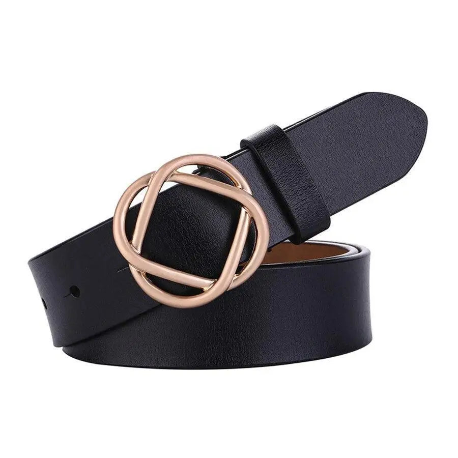 Genuine leather women’s belt with snap buckle and gold interlocking circle buckle
