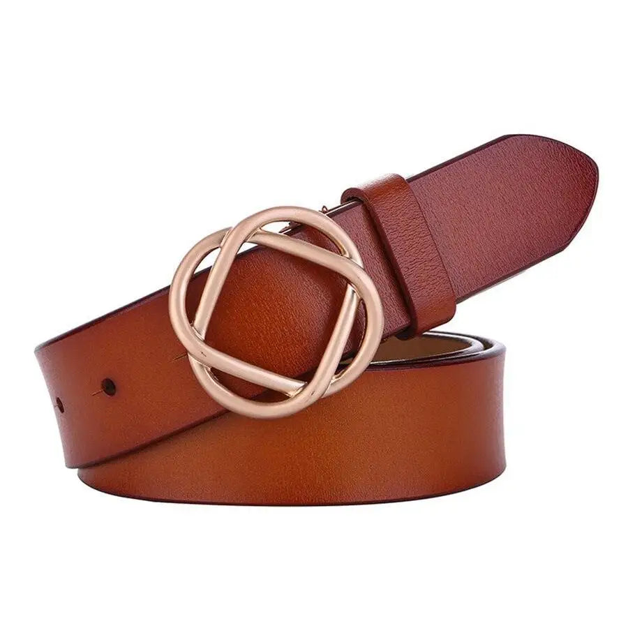 Genuine leather women’s belt with snap buckle and gold interlocking geometric buckle