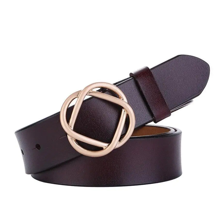 Genuine leather women’s belt with snap buckle and gold interlocking circle geometric buckle