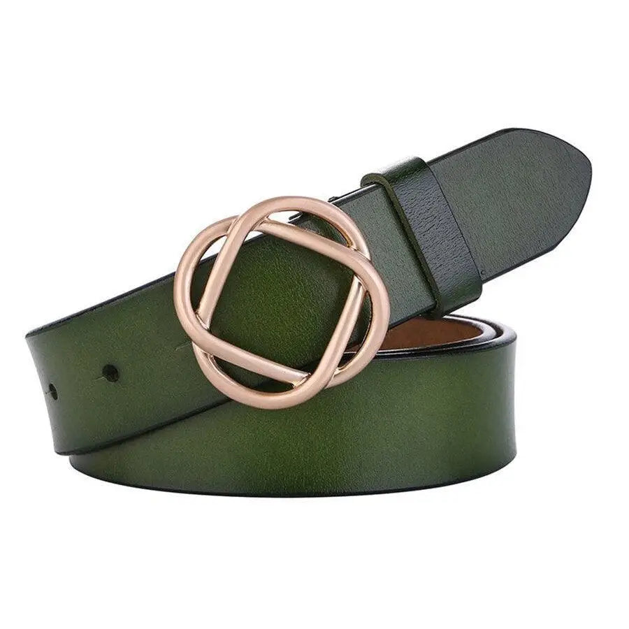 Green genuine leather women’s belt with snap buckle and gold geometric buckle