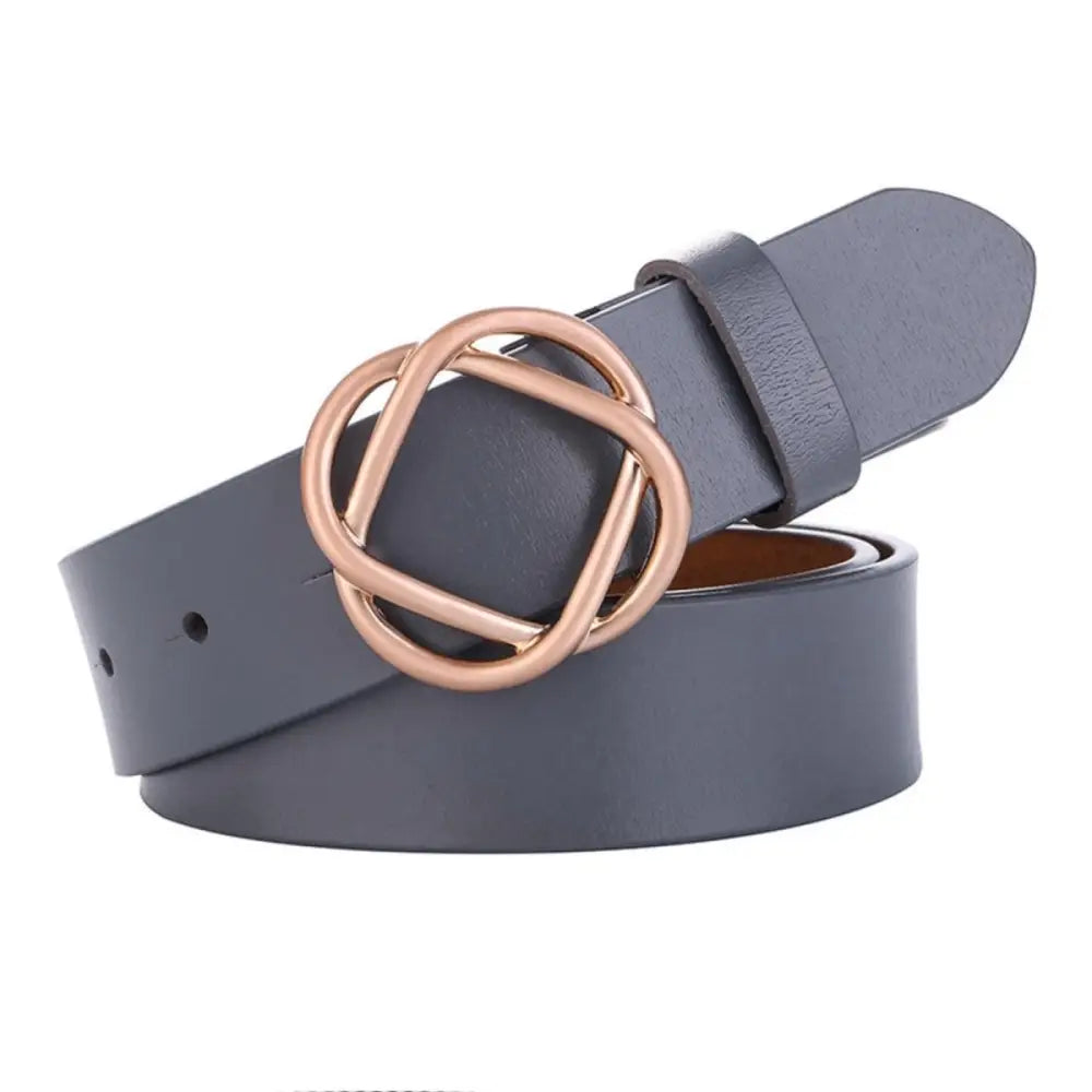 Gray genuine leather women’s belt with snap buckle and gold interlocking circle buckle