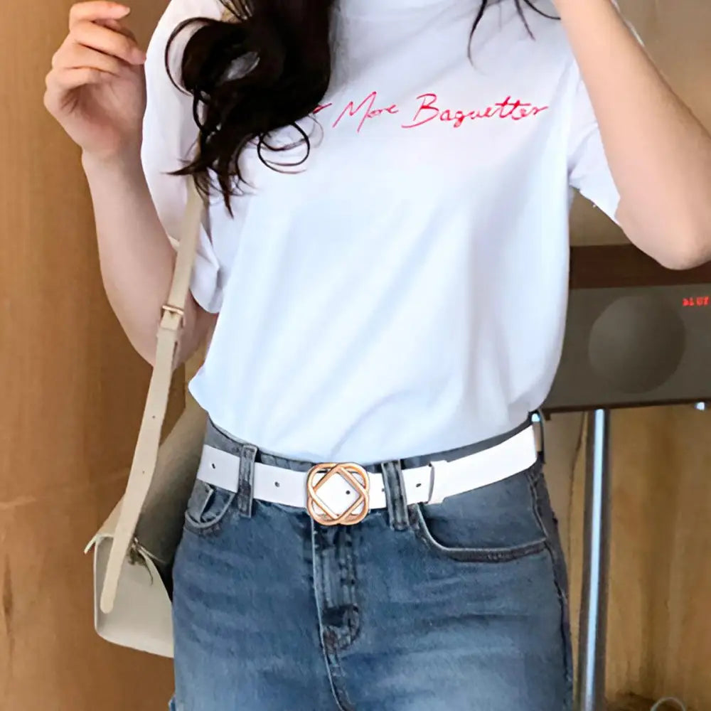 Genuine leather women’s belt with white color and gold snap buckle