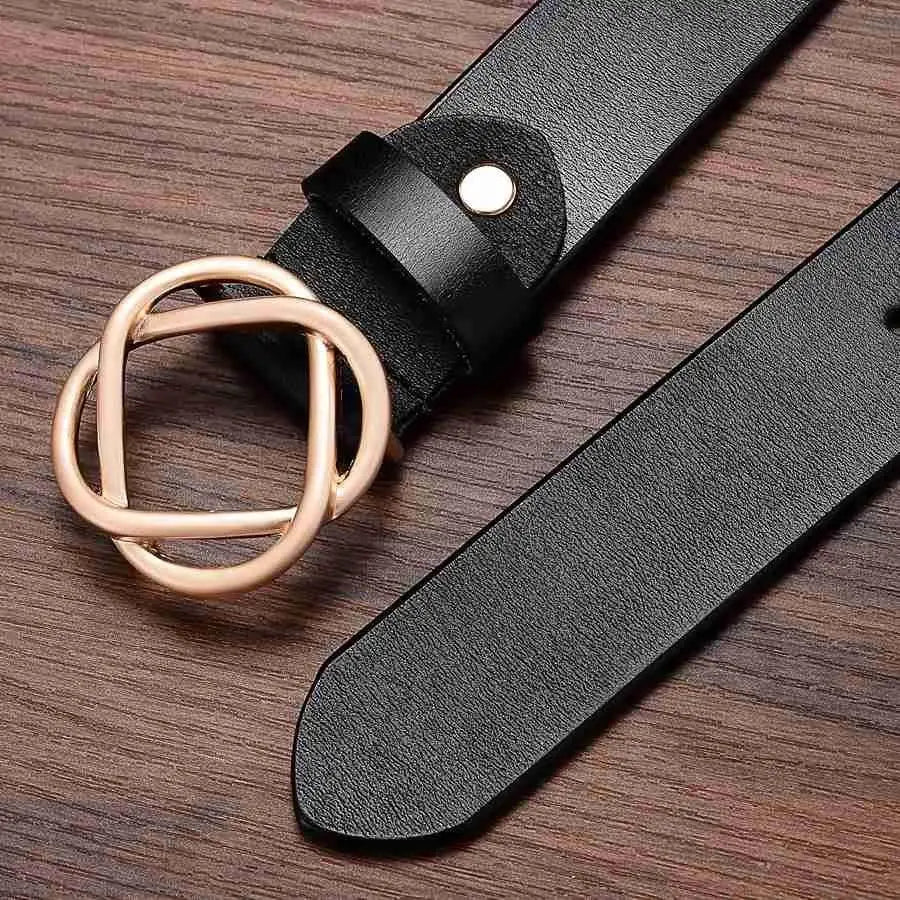 Genuine leather women’s belt with snap buckle and gold geometric buckle impact