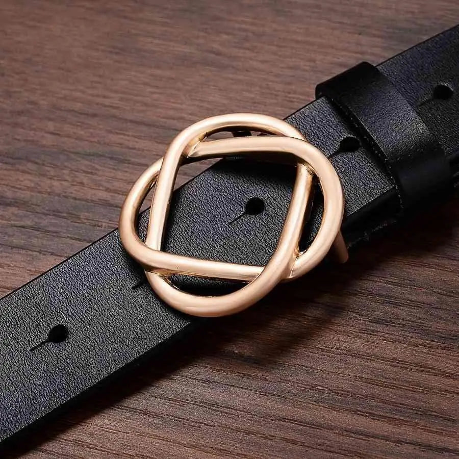 Genuine leather women’s belt with snap buckle and gold interlocking geometric buckle