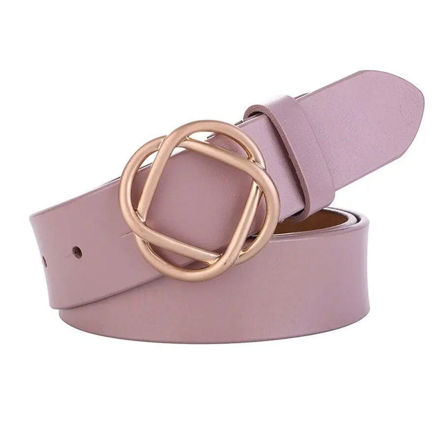 Genuine leather women’s belt with mauve color, gold interlocking buckle, and snap closure