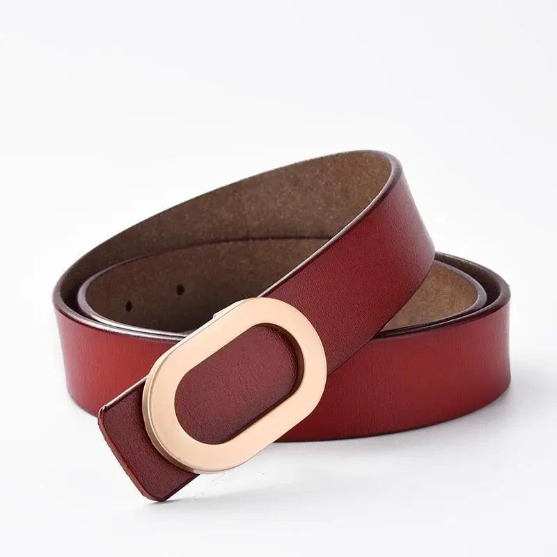 Burgundy leather belt with gold oval buckle from Leather Belts with Oval Buckles collection