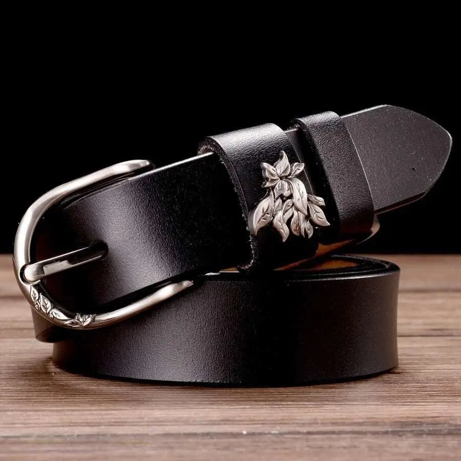 Natalia Model leather belt with decorative silver floral buckle for stylish accessories