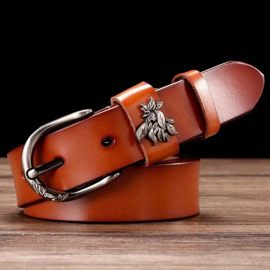 Brown leather belt with decorative silver floral buckle from Natalia Model Leather collection