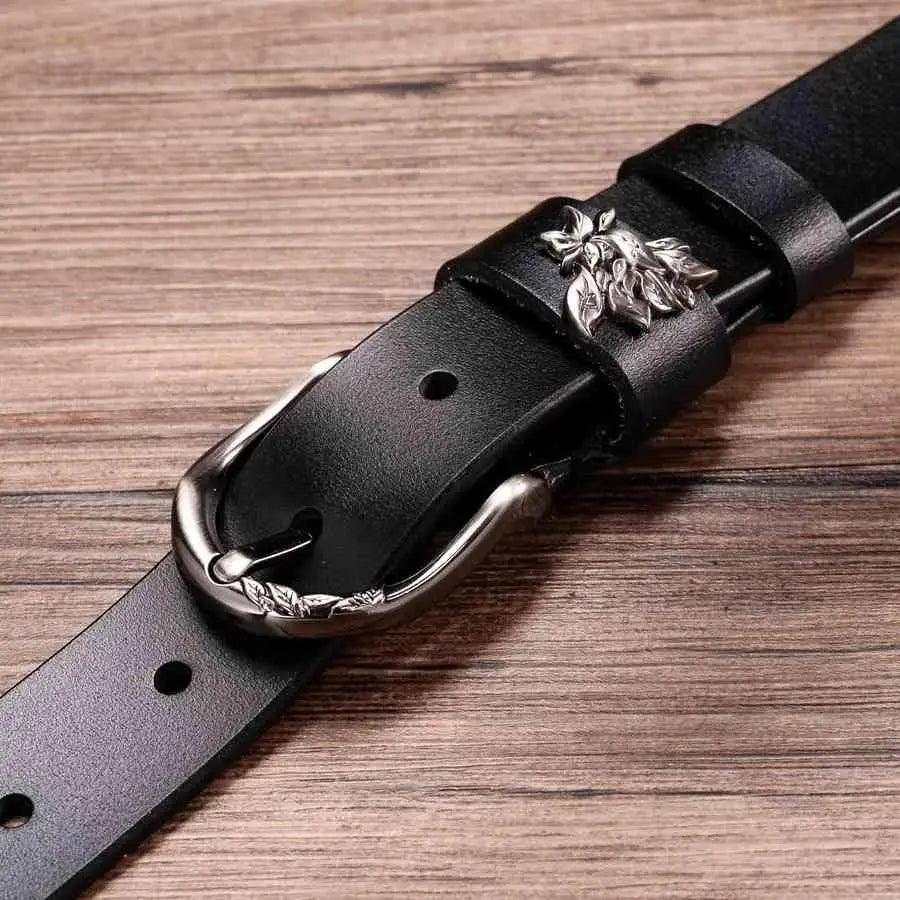 Natalia Model Leather Belt with Decorative Silver Floral Buckle for stylish attire