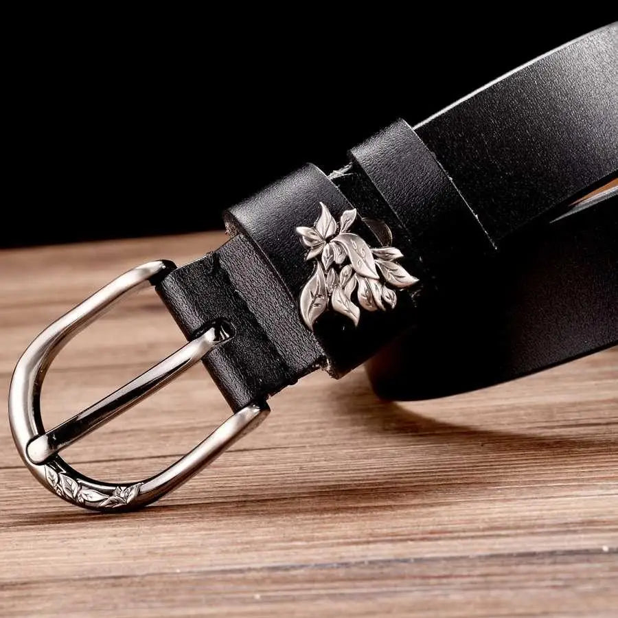 Natalia Model leather belt with decorative silver floral buckle for stylish accessories