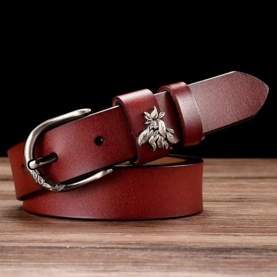 Burgundy leather belt with silver floral buckle from the Natalia Model Leather Belt collection