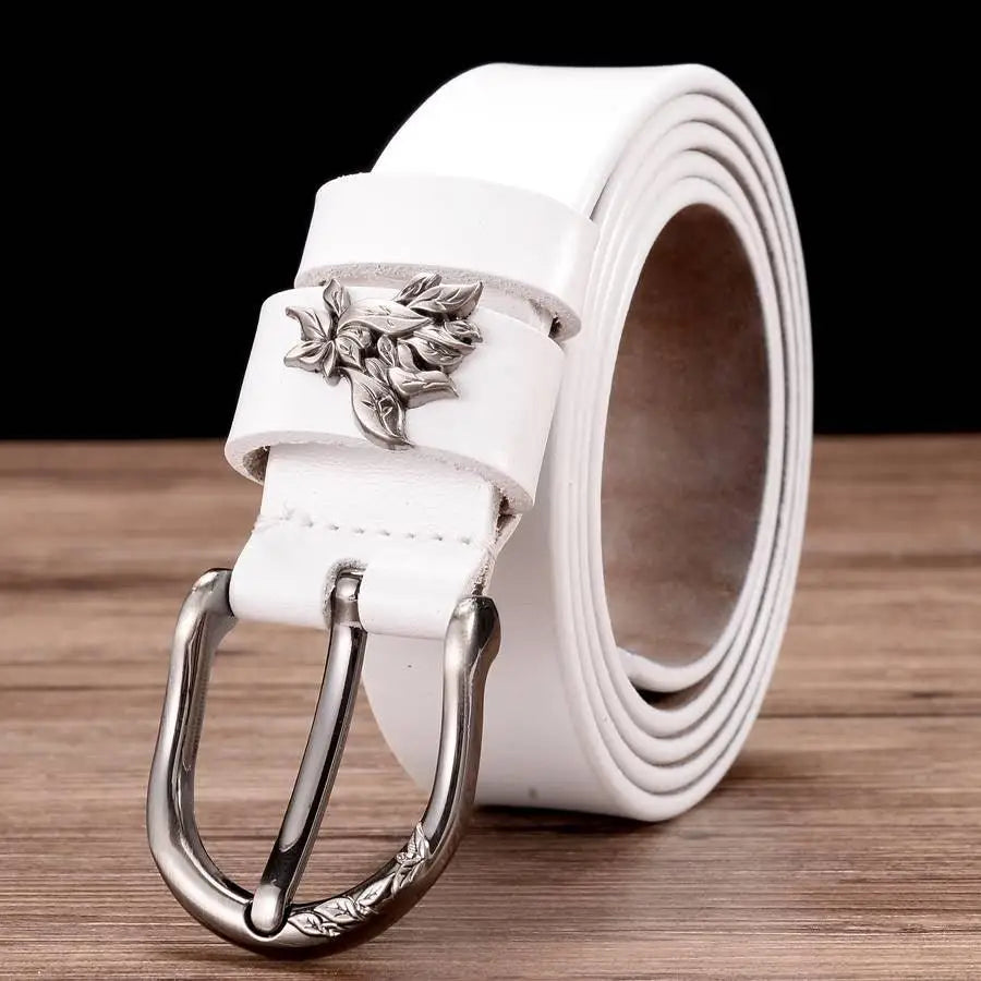 White leather belt featuring a floral buckle from the Natalia Model Leather Belt collection