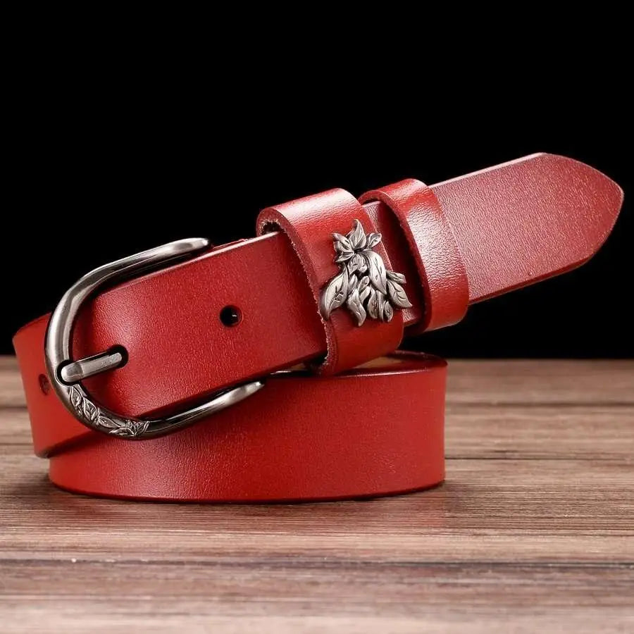 Red leather belt with decorative silver floral buckle from Natalia Model Leather Belt collection