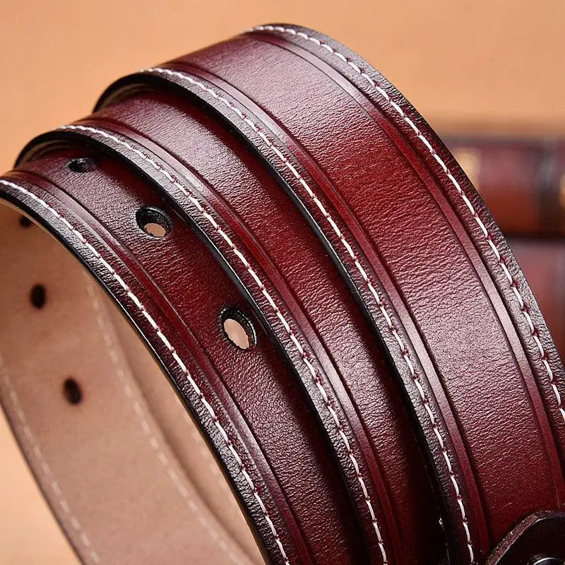 Burgundy leather belt with white stitching from Nestani Leather Belt for Women collection