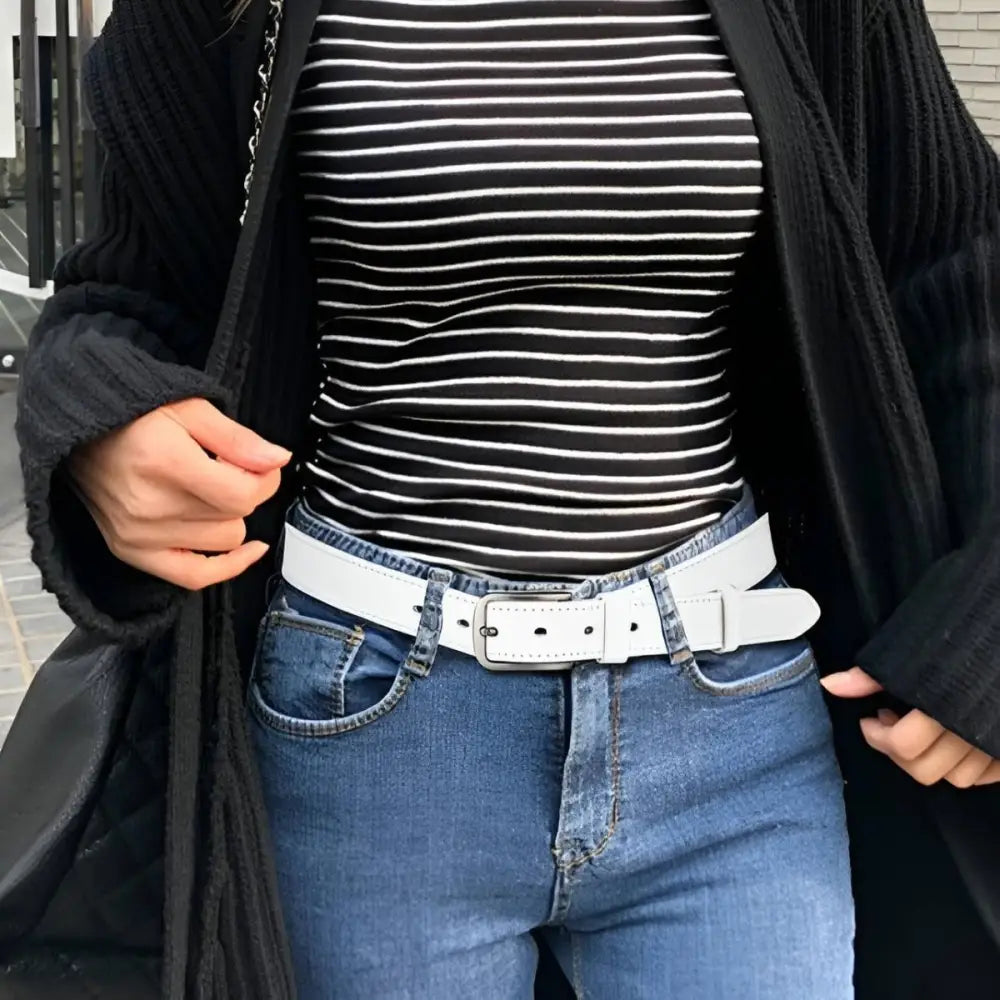Woman wearing a stylish outfit with Nestani Leather Belt for Women with Silver Buckle