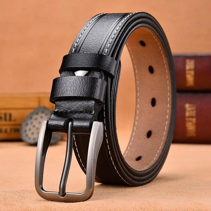 Nestani leather belt for women with silver buckle and black leather finish