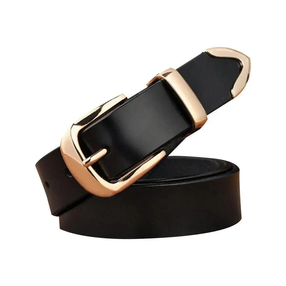 Women’s leather belt with gold buckle, stylish accessory for denim outfits