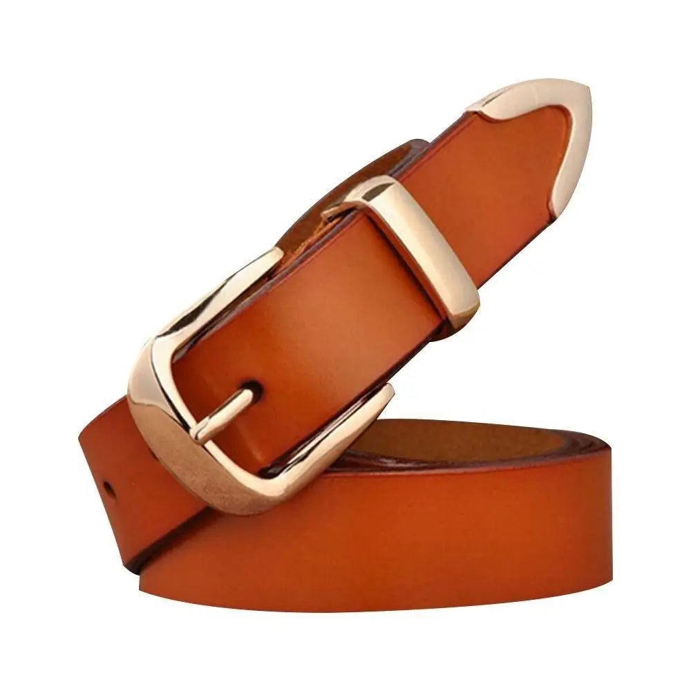 Women’s leather belt with gold buckle for stylish denim accessories