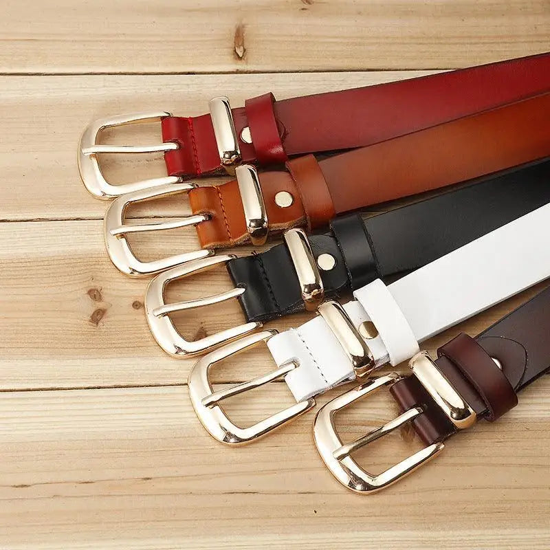 Women’s leather belt with silver buckle, perfect for stylish denim accessories
