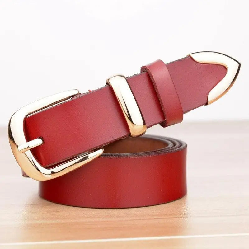 Red leather belt with gold buckle for women’s leather accessories and stylish denim