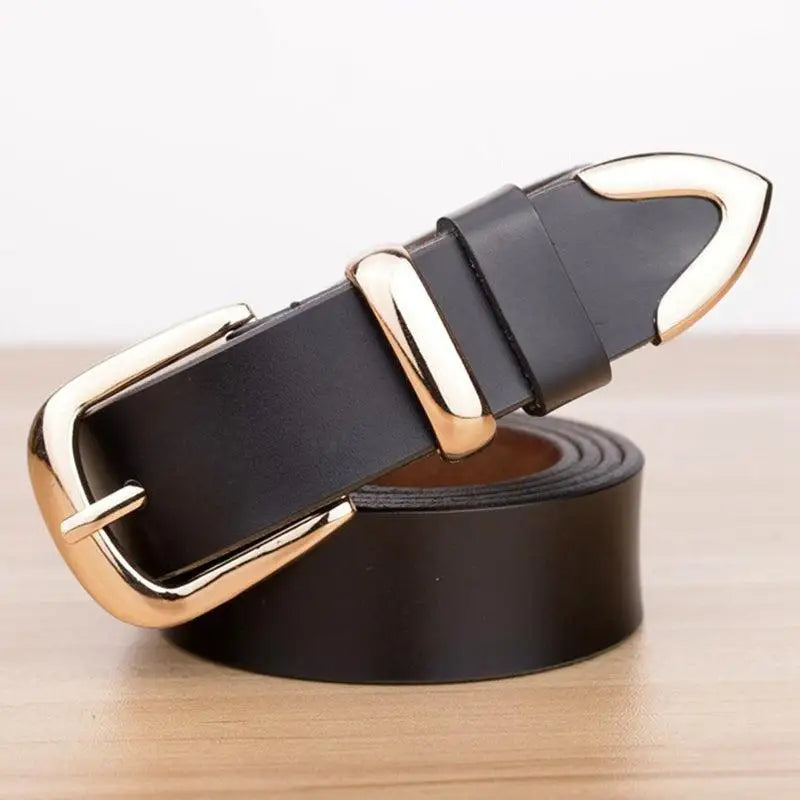 Women’s leather belt with gold buckle for stylish denim accessories