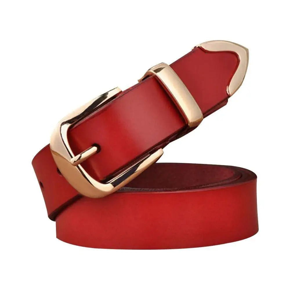 Red women’s leather belt with gold buckle, stylish accessory for denim outfits