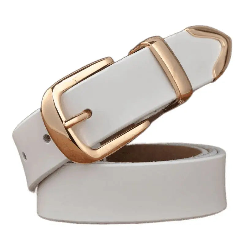 White leather belt with gold buckle for women’s leather accessory and stylish denim fashion