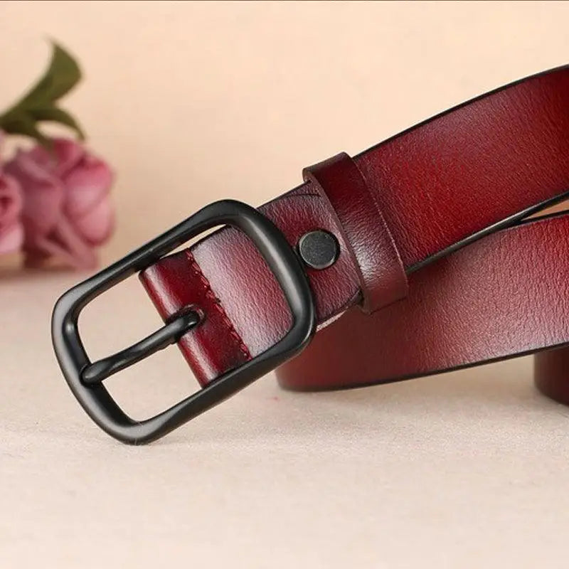 Genuine leather Burgundy belt with black square buckle for casual cuir pour femme