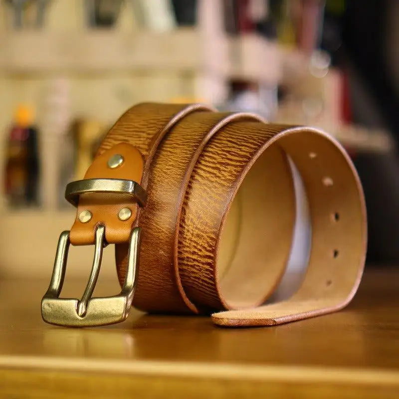 Rolled Paki Belt Brown Leather Belt with Gold Metal Buckle for Men