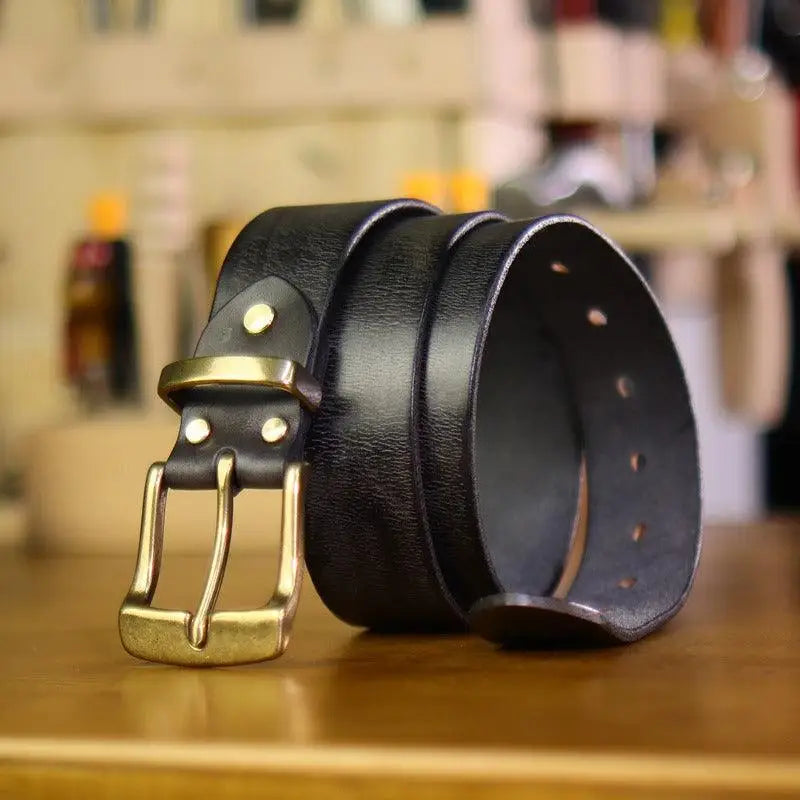 Black leather belt with brass buckle from Paki Belt Brown Leather Belt with Gold Metal Buckle