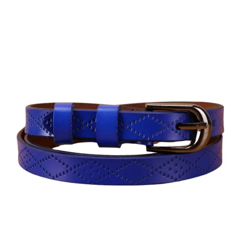 Blue leather belt from Pinaria Leather Belt Collection with diamond pattern and silver buckle