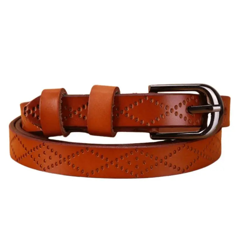 Brown leather belt with diamond pattern from Pinaria Leather Belt Collection featuring silver buckle