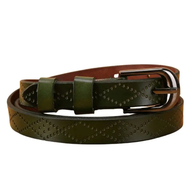 Green leather belt with diamond pattern from the Pinaria Leather Belt Collection with Silver Buckle